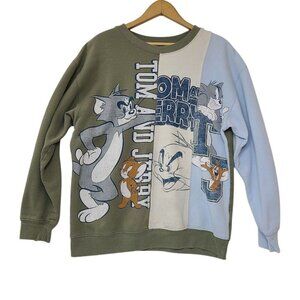 Tom & Jerry Colorblock Split Graphic Fleece Sweatshirt L 42-44 Blue White Green